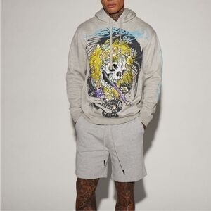 Ed Hardy Yellow Hair Skull Heather Grey Pullover Hoodie Sweatshirt NWT, Medium